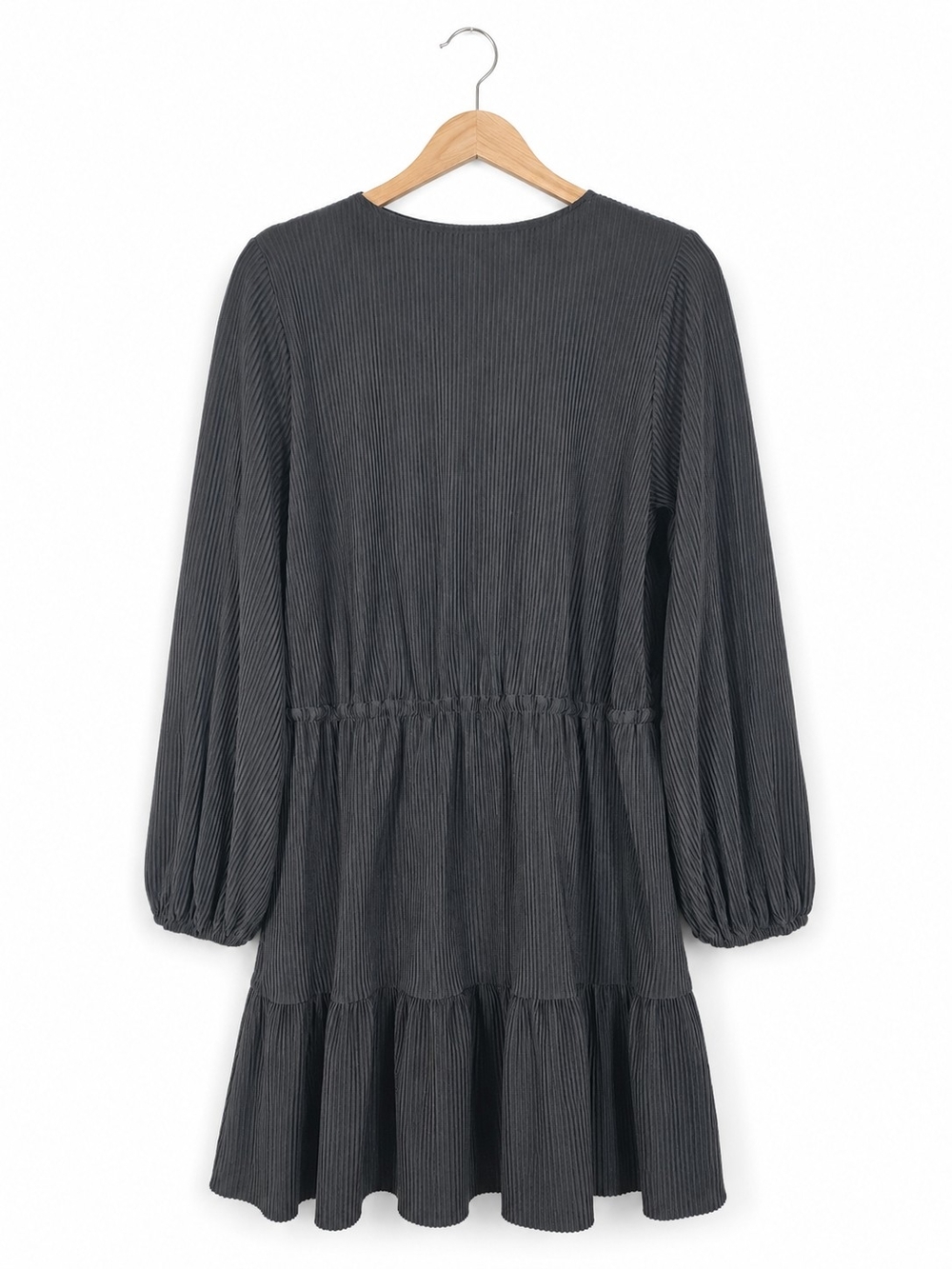 Zara Black Ribbed Tiered Mini Dress Boho Babydoll Long Sleeve Cottagecore - Picture 2 of 6